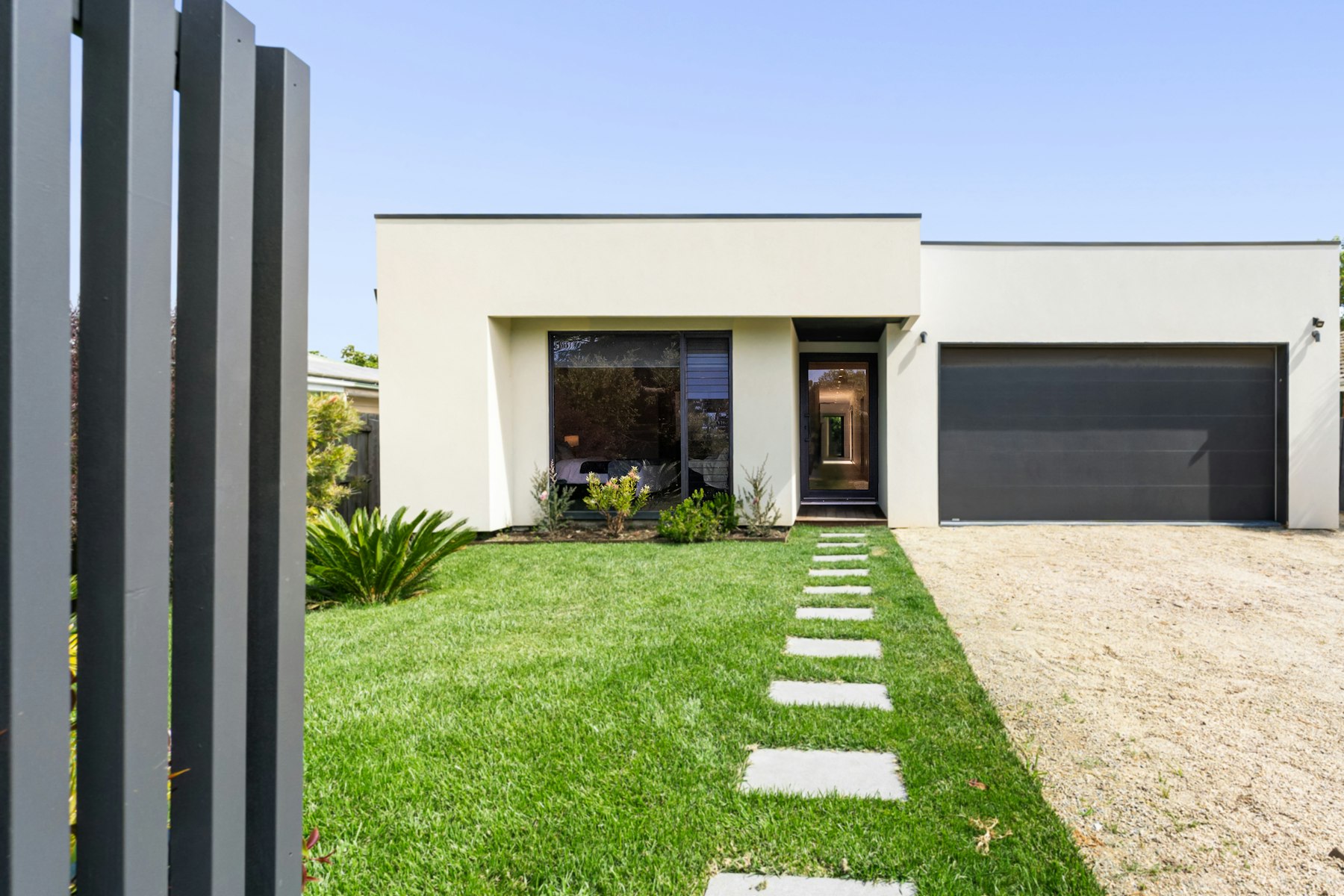 Modern white home exterior in bright daylight