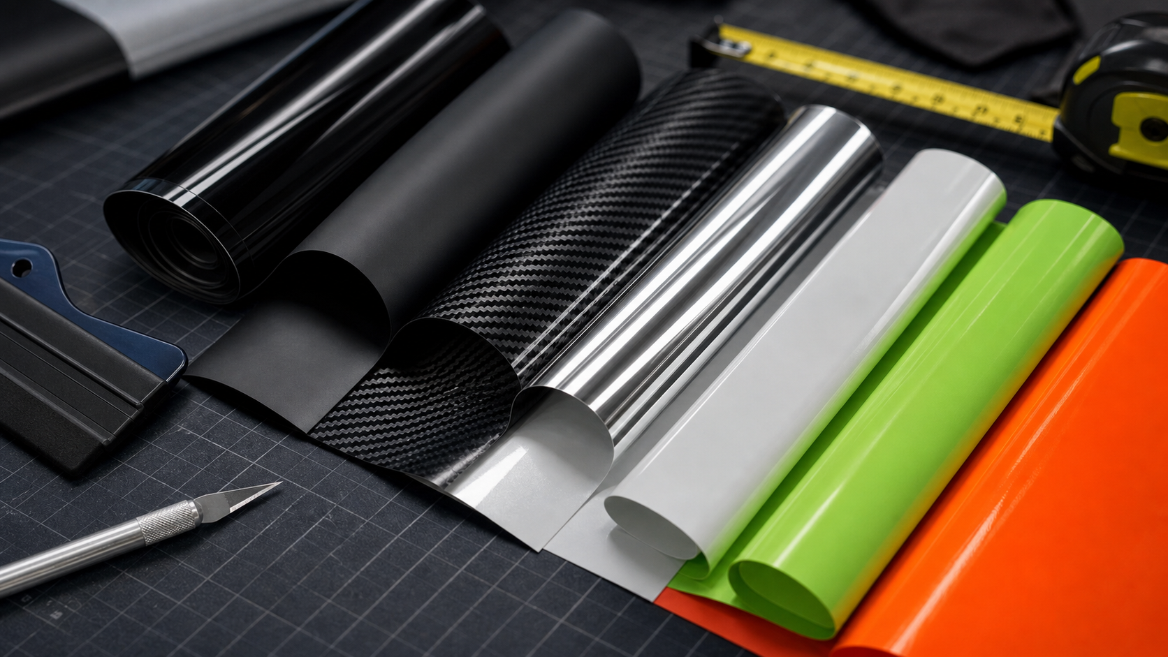 Gloss, matte, carbon, chrome, reflective, lime, and orange vinyl swatches