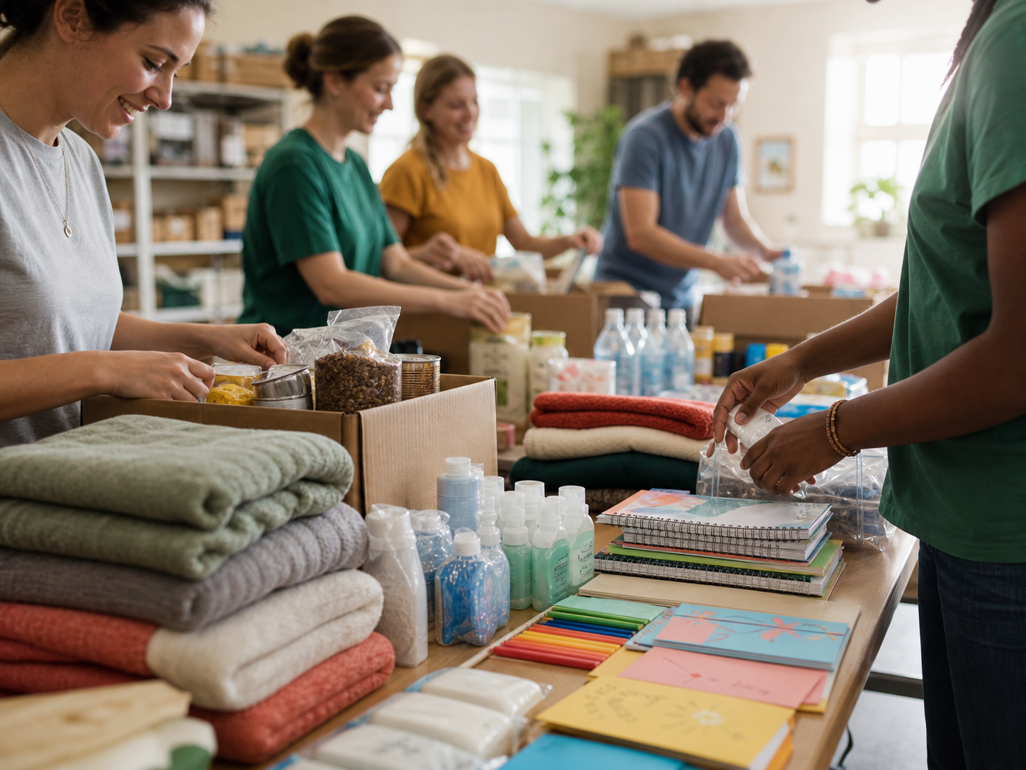 Volunteers packing groceries, essentials, notebooks, and blankets