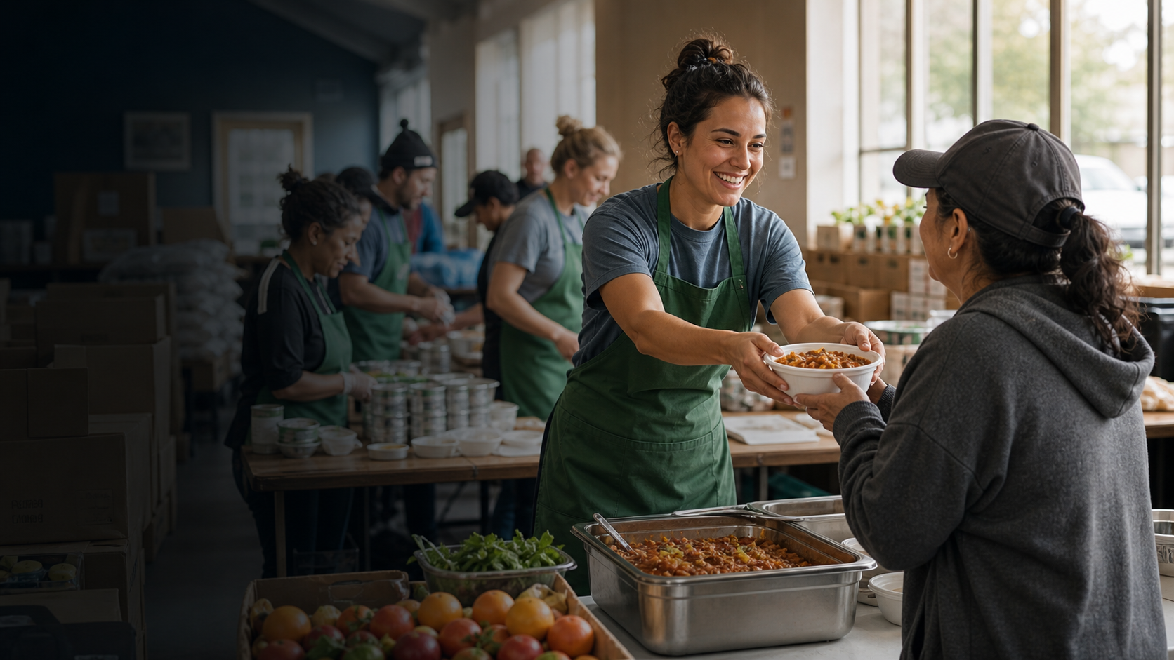 Volunteer serving a warm meal at a community center
