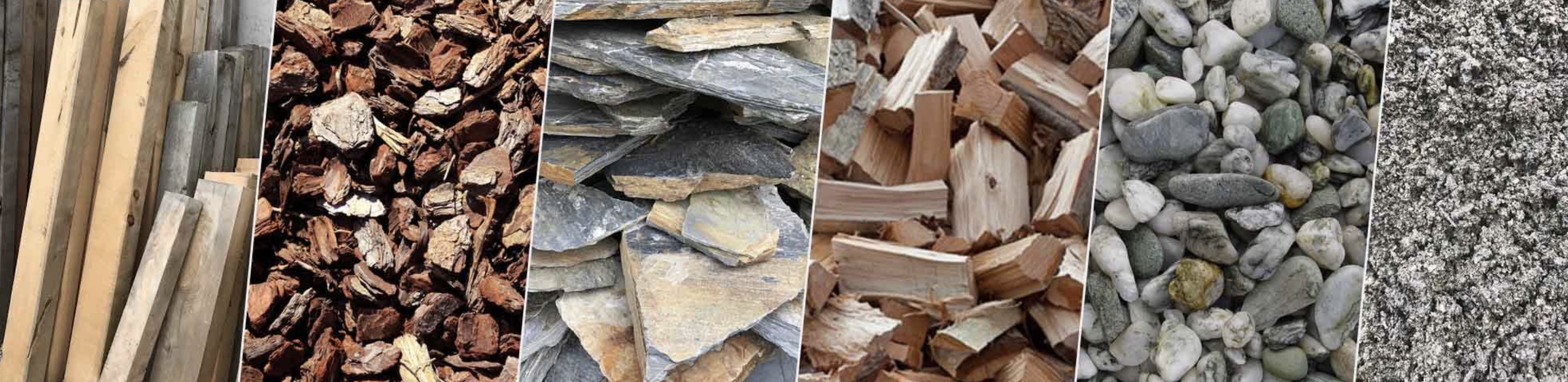 Landscape supply materials including bark, decorative stone, firewood, and pebbles