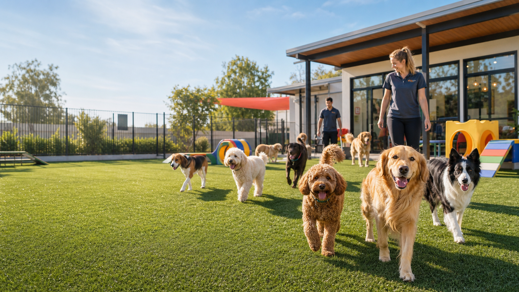 Dogs playing in a sunny outdoor dog daycare yard