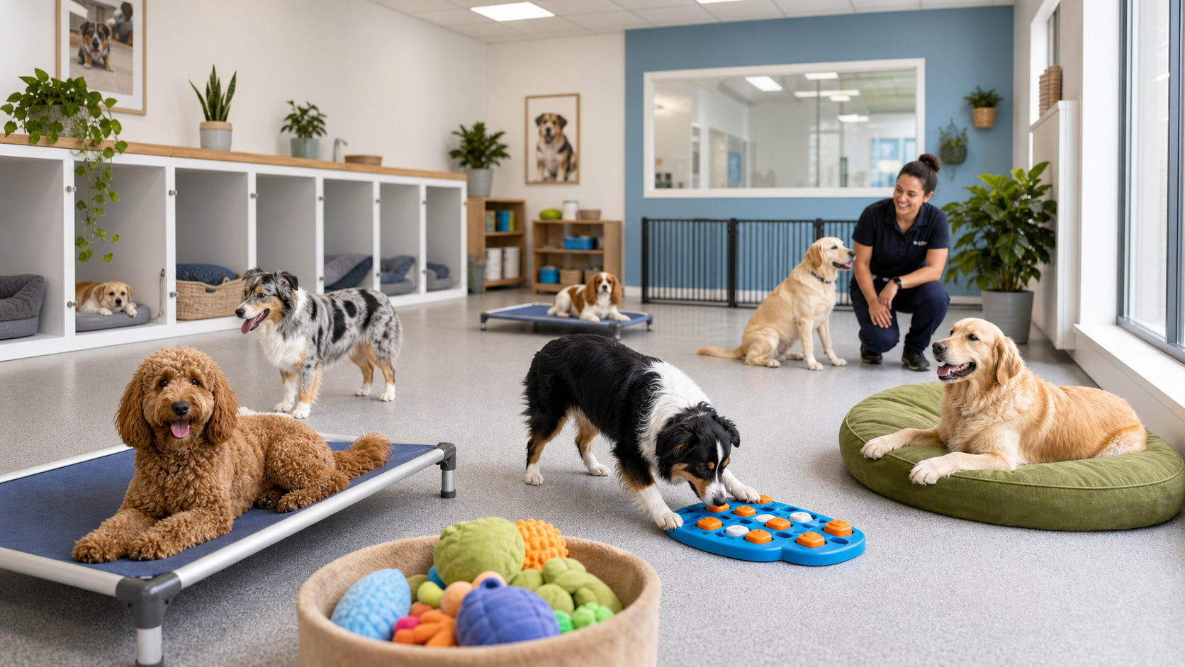 Indoor dog daycare rest and enrichment zone