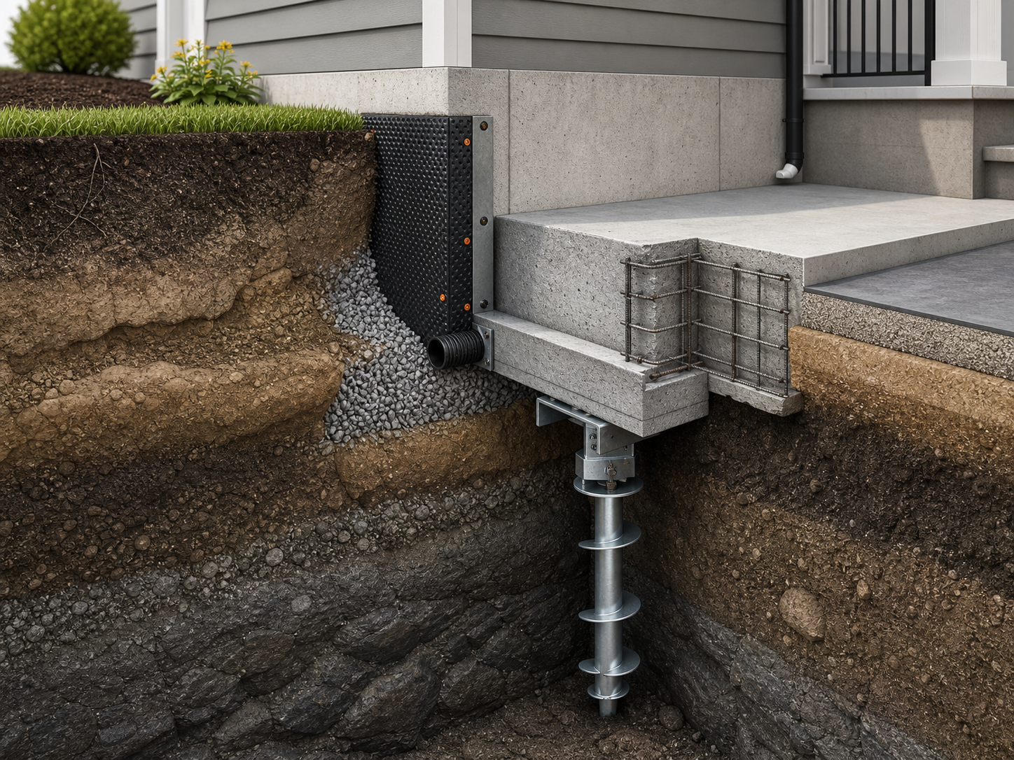 Cutaway view showing drainage, footing, soil, and pier support under a home