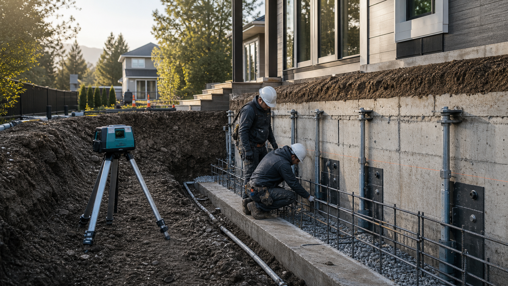 Foundation repair crew inspecting reinforced concrete footings beside a home
