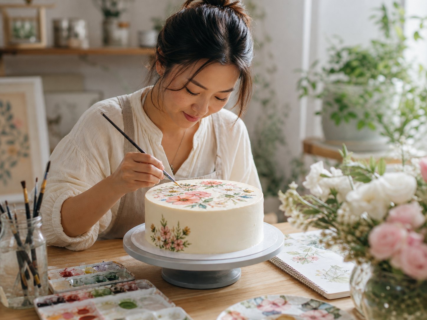 Artist baker painting flowers onto a cake