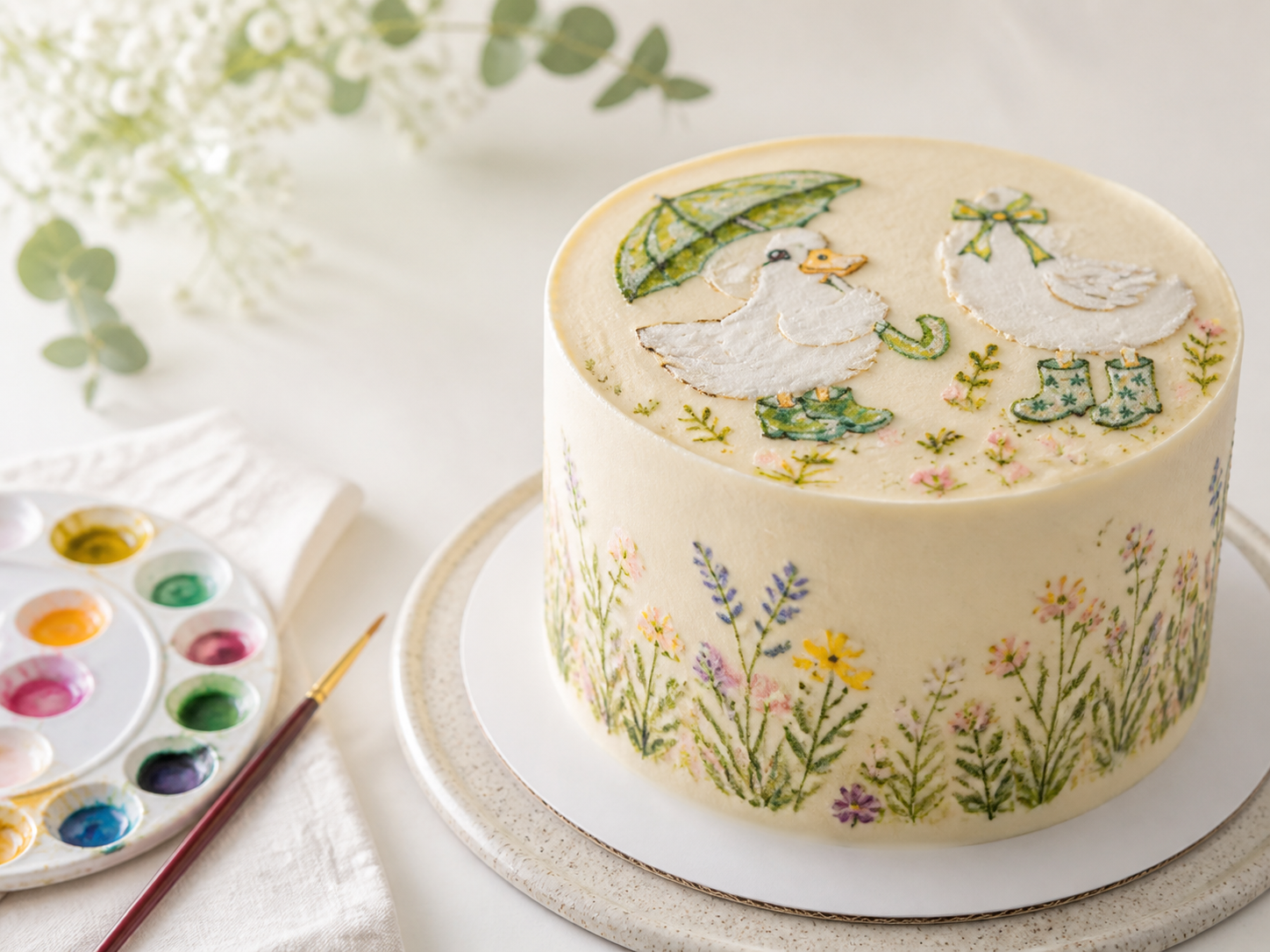 Hand-painted cake with storybook geese and botanical details