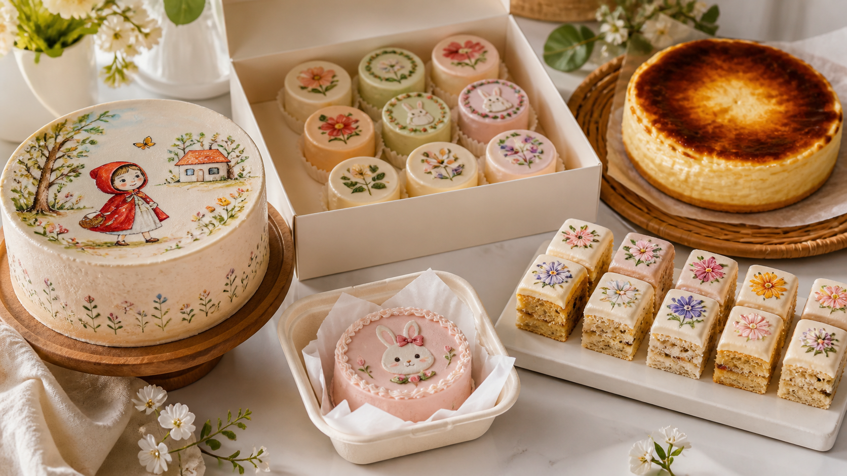 Assortment of hand-painted cakes, bento cakes, party bites, and basque cake