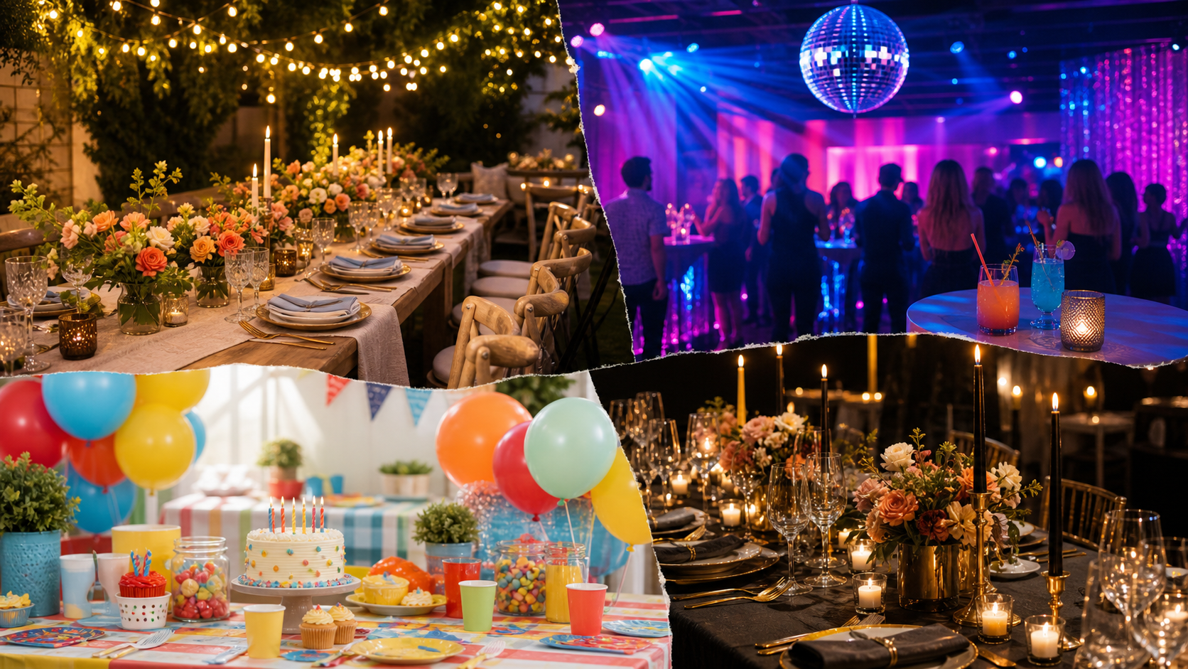 Four party themes including garden dinner, neon night, kids birthday, and luxe dinner