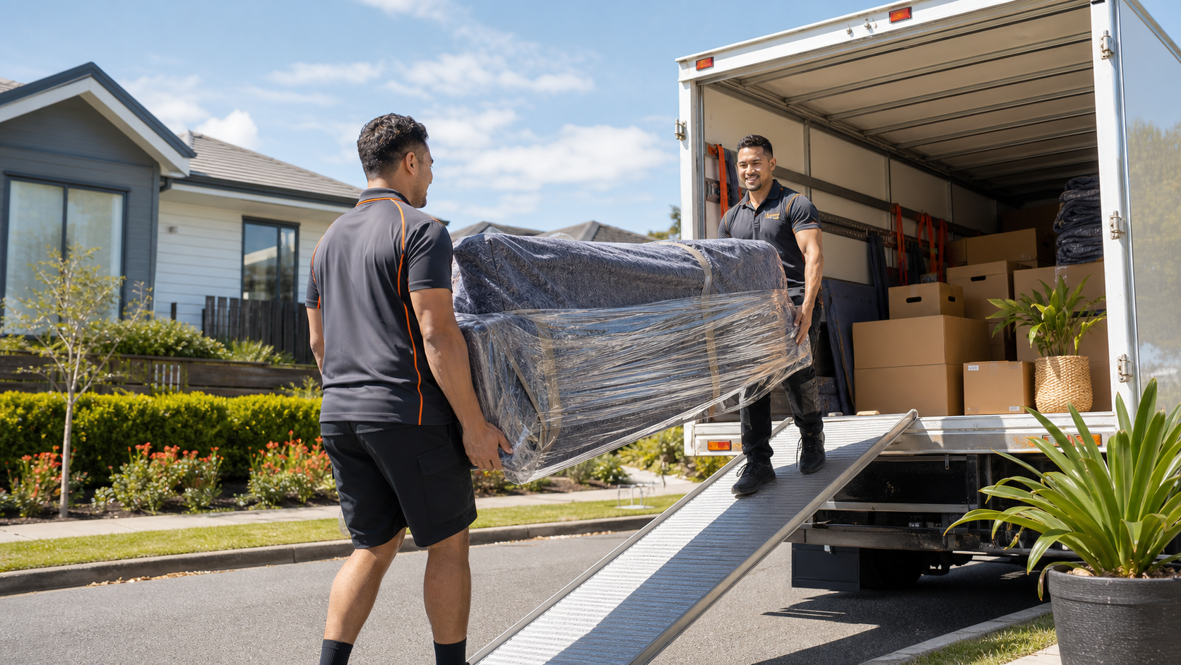Movers carrying wrapped furniture into a moving truck