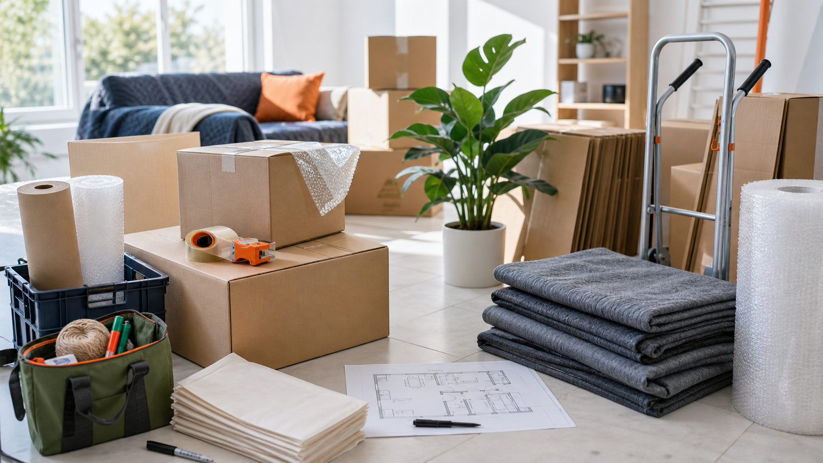 Packing supplies, moving boxes, blankets, tape, and floor plan