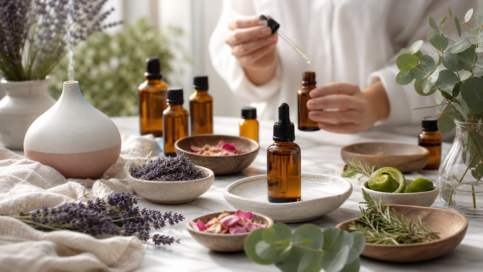 Aromatherapy oils, lavender, herbs, and ceramic bowls on a blending table