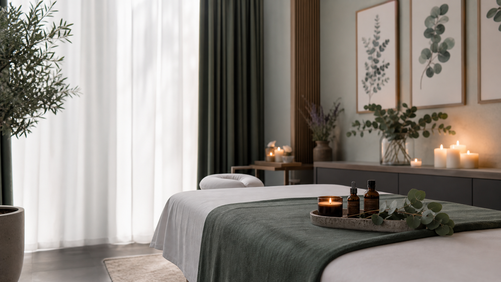 Calm massage treatment room with aromatherapy oils and eucalyptus