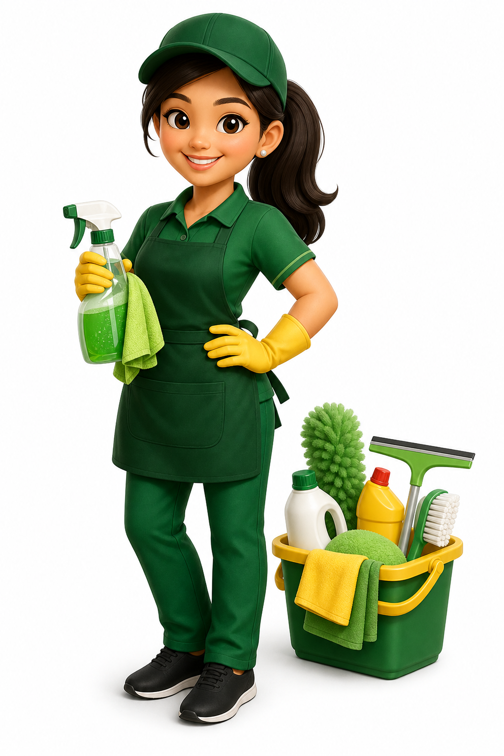 Friendly Pinay Cleaners mascot holding cleaning supplies