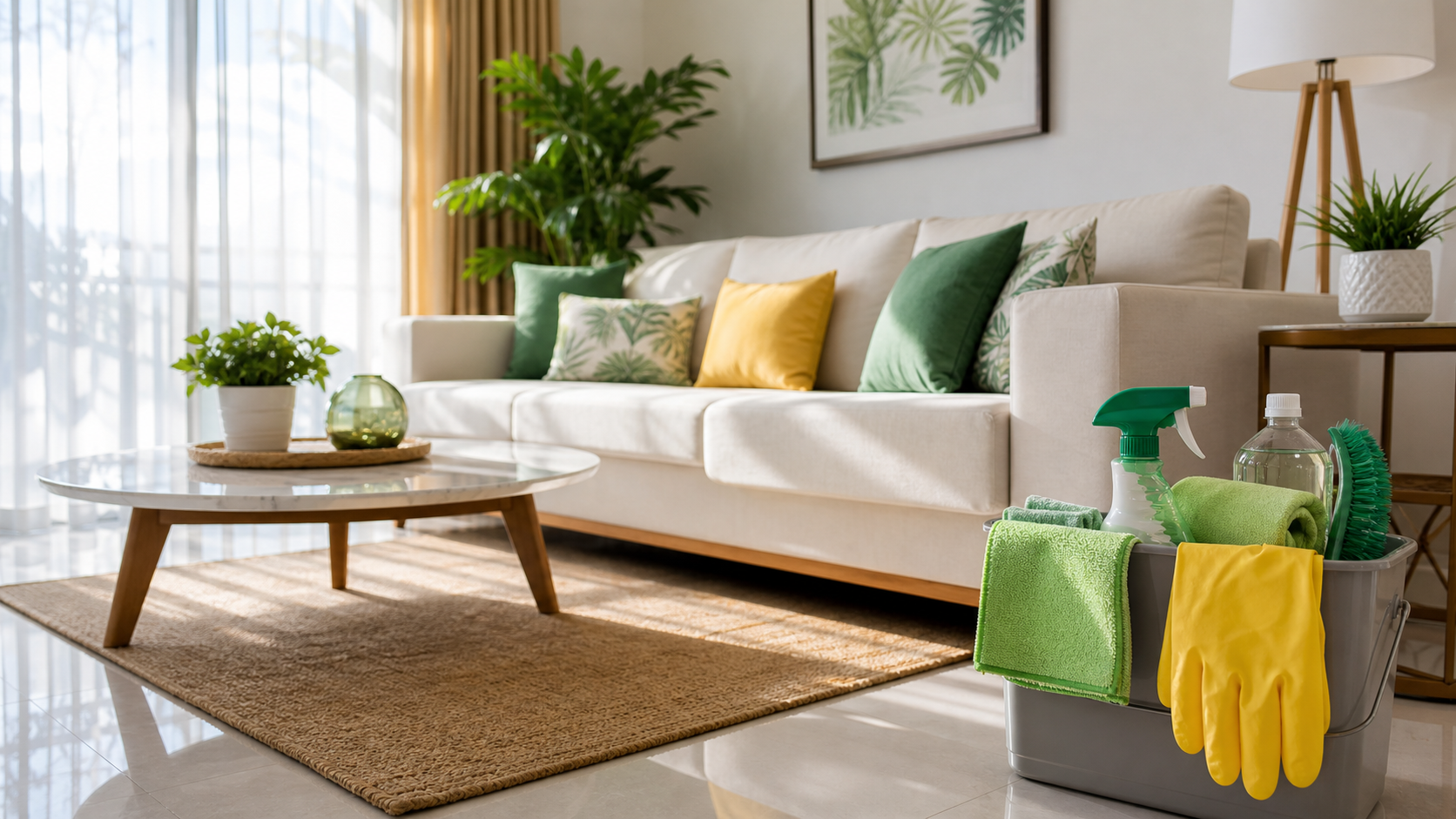 Freshly cleaned living room with cleaning supplies
