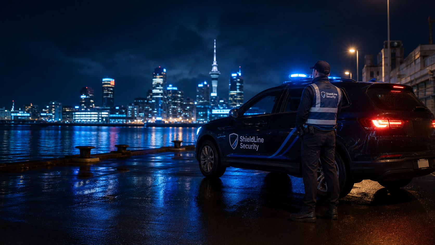 Security patrol vehicle beside a waterfront city at night