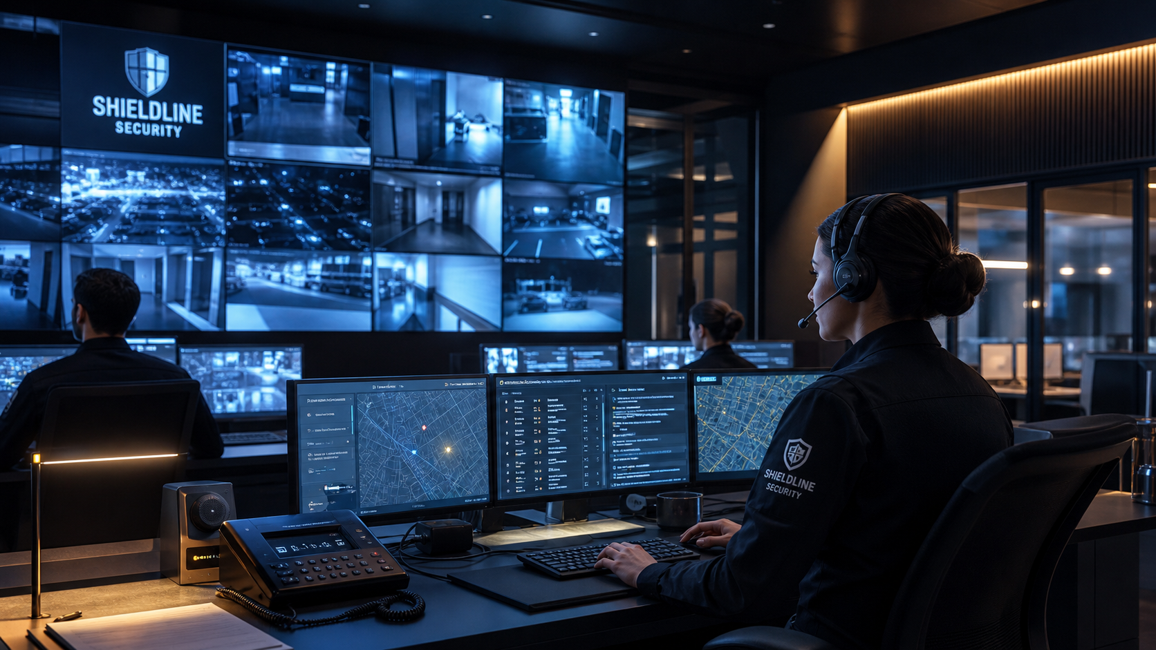 Security operations room monitoring CCTV and patrol routes